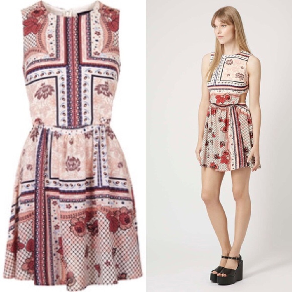 Topshop Scarf Print Pinafore Cut Out Sundress